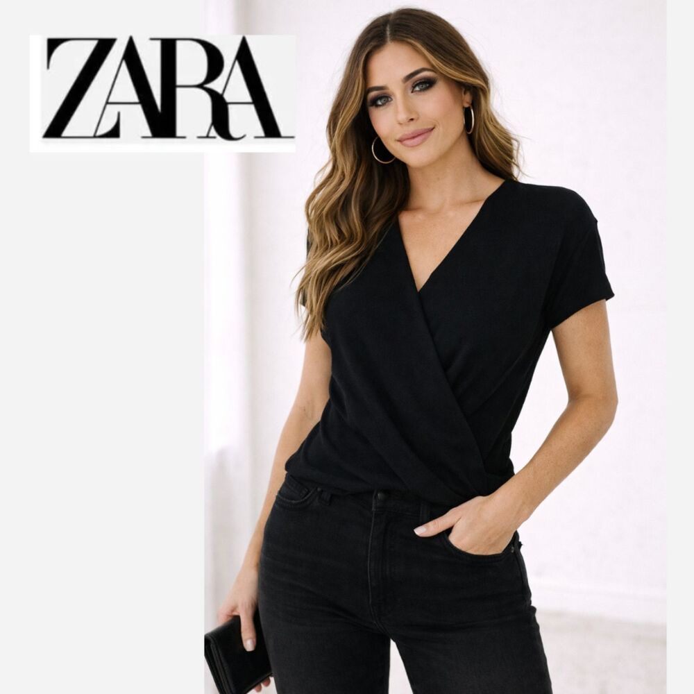 Zara Trafaluc Deep V-Neck, Faux Wrap Black Top